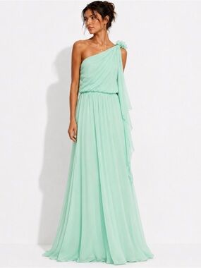 One-Shoulder Mint Green Maxi Chiffon Dress with Floral Accent